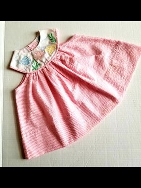 Vtg NWOT 70s Pink/White Stripe Seersucker Dress w Beach Embroidered Collar 12 Mo